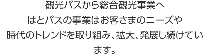 観光バスから総合観光事業へはとバスの事業はお客さまのニーズや時代のトレンドを取り組み、拡大、発展し続けています。